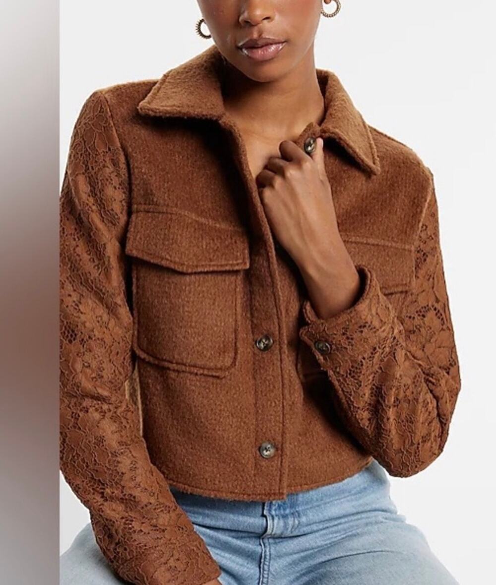 Express Tweed Lace Sleeve Cropped Shacket 128$